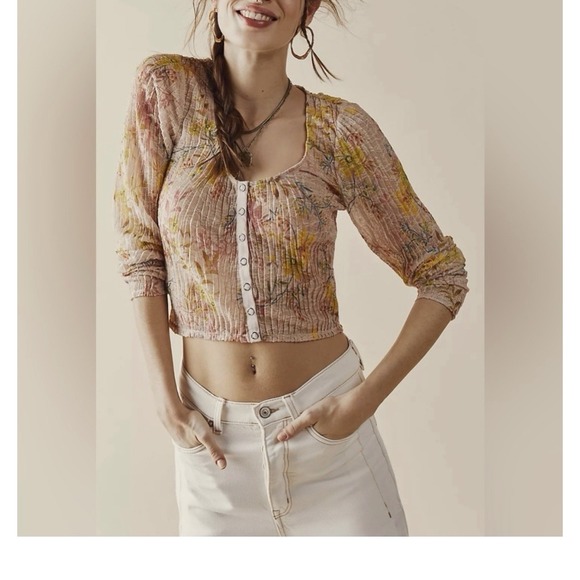 Free People We The Free Angelina Top Long Sleeve Sheer Lace Floral Cropped Top S - Picture 3 of 13